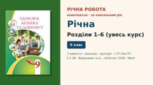 Річна підсумкова діагностична робота — комплексна робота за розділи 1–6 (§ 1–28) (увесь курс), 2 варіанти з відповідями (з ГР і без ГР), Здоров’я, безпека та добробут 9 клас НУШ (Воронцова та ін., «Алатон», 2026)
