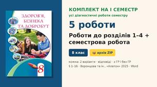 Комплект підсумкових діагностичних робіт на I семестр (4 роботи за розділами + семестрова робота, § 1–16), по 2 варіанти з відповідями (з ГР і без ГР), Здоров’я, безпека та добробут 8 клас НУШ (Воронцова та ін., «Алатон», 2025)