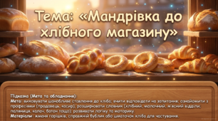 Презентація+конспект заняття з розвитку мовлення "Мандрівка до хлібного магазину".Старша група. Листопад