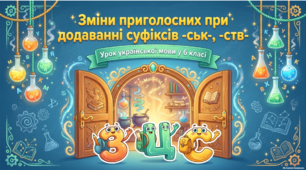 🌟 Яскрава інтерактивна презентація: «Зміни приголосних під час утворення слів за допомогою суфіксів -ськ-, -ств-» (6 клас)