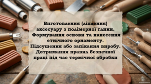 Проєкт "Аксесуар в етнічному стилі" 9 клас НУШ. Тема. Виготовлення (ліплення) аксесуару з полімерної глини. Формування основи та нанесення етнічного орнаменту. Підсушення або запікання виробу. Дотримання правил безпечної праці під час термічної обробки