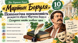 Навчальний аркуш з української літератури для 10 класу  «Психологічна переконливість розкриття образу Мартина Борулі. Складання анкети головного героя»