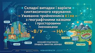 "Складні випадки і вараінти синтаксичного керування. Уживання прийменників в і на з географічними назвами і просторовими іменниками"