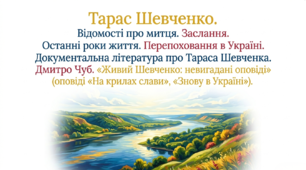 9 клас НУШ. Тарас Шевченко. Відомості про митця. Заслання. Останні роки життя. Перепоховання в Україні. Документальна література про Тараса Шевченка. Дмитро Чуб. "Живий Шевченко: невигадані оповіді". Презентація, інфографіка, робочий аркуш