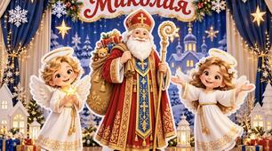 🎅 Святий Миколай у двох варіантах вбрання, два чарівні ангелики та святковий напис.