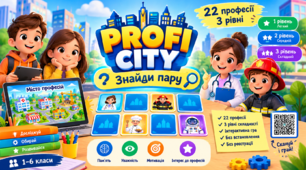 Інтерактивна гра «PROFI CITY — Знайди пару»: 22 професії, 3 рівні (профорієнтація, 1–6 класи) + презентація