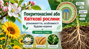 «Покритонасінні або квіткові рослини. Різноманіття, особливості будови кореня»  Біологія, 7 клас (НУШ)