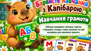 Комплект дидактичних карток з навчання грамоти «Барвисте навчання з Капібарою»