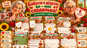❤️ «Бабусю й дідусю, ви — моє серденько!» | 8 яскравих робочих аркушів до Дня бабусь і дідусів | 1–4 класи