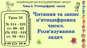 Тема 4. П'ЯТИЦИФРОВІ ЧИСЛА. Урок 33. Читання та запис п'ятицифрових чисел. Розв'язування задач. № 314 - 323, ст. 60 - 62, (№ 332 - 343, ст. 59 - 61). (Ч. І).
