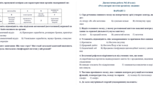 Діагностична робота №2 (8 клас) «Регуляторні системи організму людини» у ДВОХ варіантах