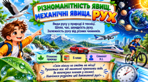 Різноманітність явищ. Механічні явища. Рух. Види руху у природі й техніці. Шлях, час, швидкість руху. Залежність руху від різних чинників